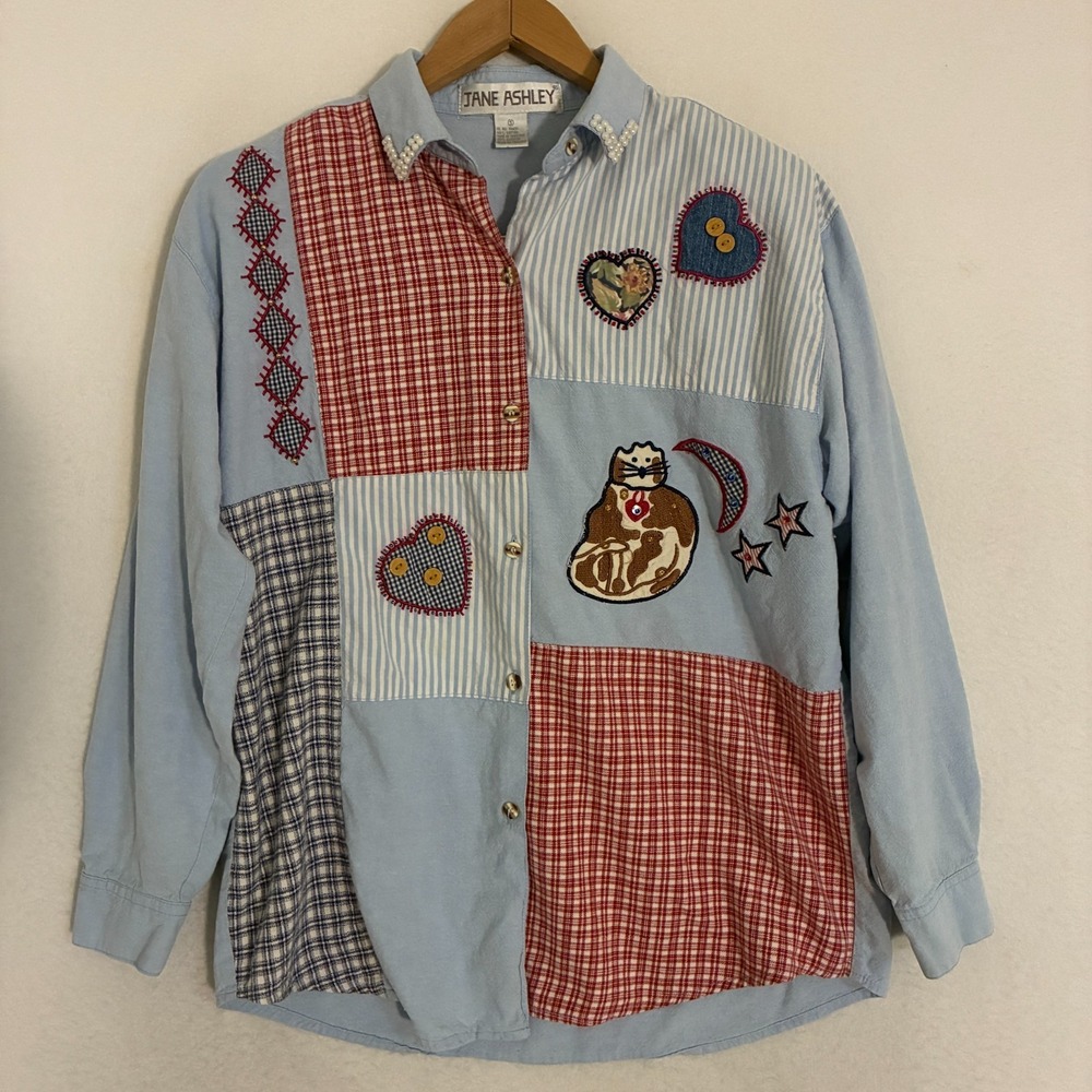Jane Ashley Shirt Womens Size S Button Up Cat‎ Patchwork Applique Cottage Retro